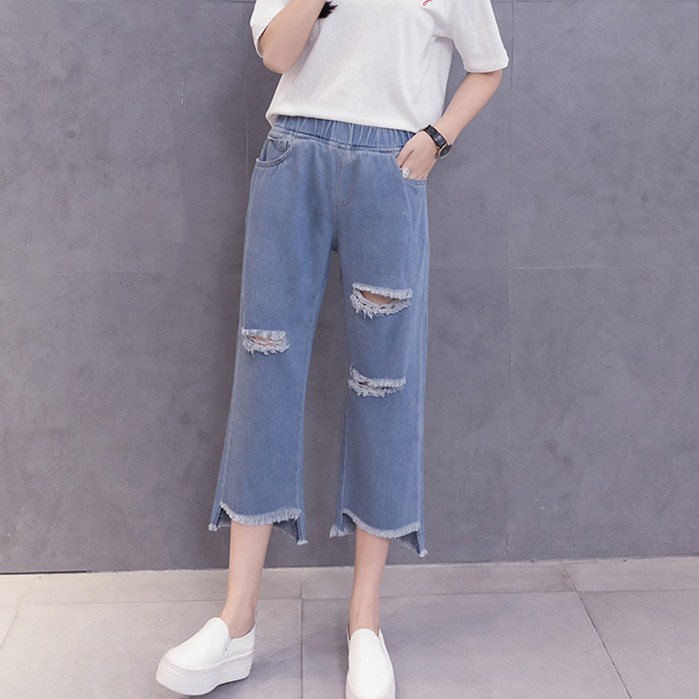 破洞牛仔阔腿裤女九分夏季韩版胖妹妹高腰宽松学生毛边七分裤休闲|ruв категории Женская одежда, джинсы - от Buy2taobao.com для оказания профессиональной услуги покупки агента Taobao