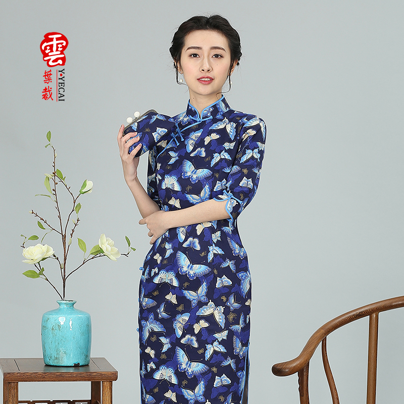 日常夏季短款複古大襟蝴蝶花色純棉微彈力旗袍在類目 女裝/女士精品, 婚紗/旗袍/禮服, 旗袍中 - 來自Buy2taobao.com提供專業的淘寶代購服務