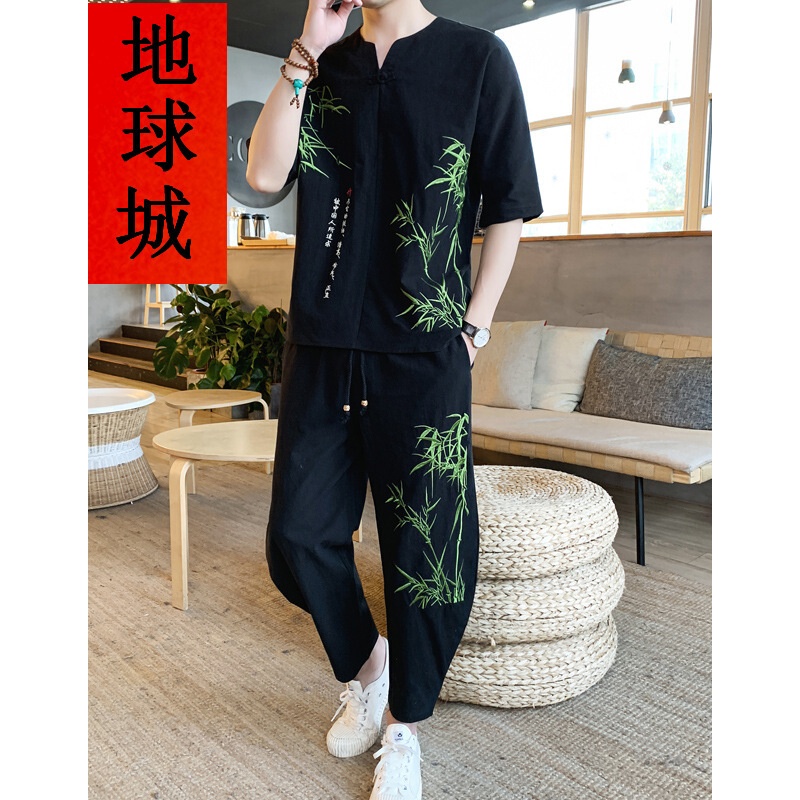 中國風七分袖T恤套裝男2019新款複古休閑青年棉麻刺繡胖子在類目 戶外/登山/野營/旅行用品, 戶外服裝, 速乾衣褲, 速幹T恤中 - 來自Buy2taobao.com提供專業的淘寶代購服務