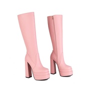 高筒靴女防水台粗跟高跟粉色桃红色米白色绿色靴子大码小码鞋 YLL
