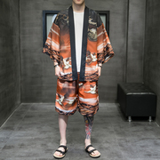 中国风男装短袖汉服开衫浮世绘kimono道袍日式和服印花涂鸦套装夏