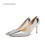 lukecsion真皮镜面漆皮，银色高跟鞋女超浅口尖头，细跟舒适性感单鞋