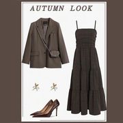 大码女装秋季套装女2022复古长袖外套，吊带收腰连衣裙两件套潮