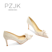 pzjk金色水晶鞋婚鞋女2022年蝴蝶结伴娘鞋法式日常两穿新娘鞋