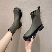 韩国潮牌马丁靴女软底软皮气质短靴2023秋季粗跟拼色平跟单靴