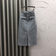 灰色高腰牛仔裙女显瘦夏季2024时尚洋气开叉中长款半身包臀裙