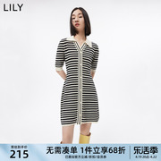 lily女装复古撞色条纹优雅气质修身中长针织连衣裙小个子