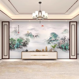 新中式水墨山水富春山居图壁纸，电视背景墙纸，客厅沙发影视墙布壁布
