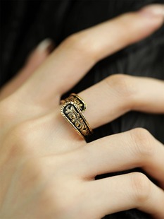 s925纯银古金色花朵，戒指女2023年小众，设计时尚个性开口食指戒