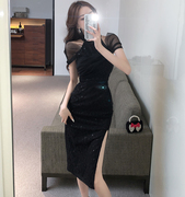 中式复古改良旗袍高级感黑色亮片连衣裙，女夏季气质修身开叉包臀裙