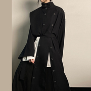 暗黑先锋设计感小众长款黑色风衣2023秋赫本风垂感宽松外套高个子