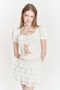 SOS SEAMSTRESS小猫印花蝴蝶结蕾丝泡泡袖修身短袖打底衫T恤白色