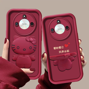 适用于荣耀x50手机壳保护套高级感x50i简约多用途酒红色镜头全包x40硅胶，个性创意防摔镜子猫咪支架不顶膜
