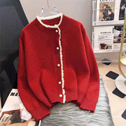 2023年春装红色时尚洋气针织，开衫女蕾丝，边长袖圆领毛衣外套潮