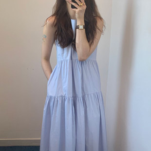 韩国chic极简主义夏季法式圆领，拼接褶皱层次感无袖背心连衣裙女