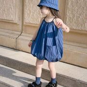 巴拉巴柆韩国童装女童连衣裙23夏季洋气时尚，无袖竖条纹口袋吊