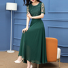 纳绎绿色连衣裙女夏季2024复古洋气时尚气质，拼接蕾丝雪纺裙子