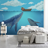 8D卡通鲸鱼壁纸壁画蓝色日系漫画无缝墙布儿童房地中海背景墙纸