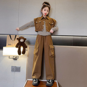 女童秋季套装2023洋气春秋款衣服女大童秋装马甲工装裤三件套
