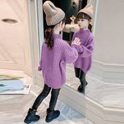 女童紫色毛衣中大童女孩中长款半高领打底衫，儿童保暖加厚毛衫洋气