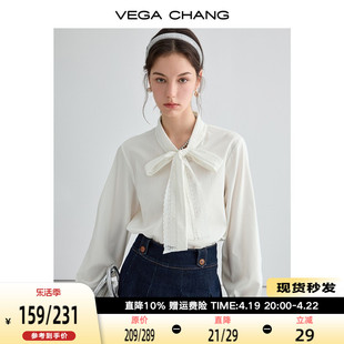 vegachang白衬衫女2024年春季优雅提花，蕾丝飘带蝴蝶结衬衫