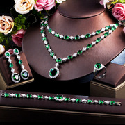重工高端设计奢华祖母绿宝石，项链耳环四件套微镶锆石新娘婚纱配饰