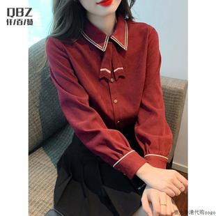 酒红色衬衫女春秋冬高级设计感小众法式衬衣磨毛领结长袖上衣