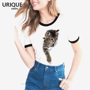 3d立体逼真萌猫咪图案印花莫代尔，t恤女修身款短袖，可爱动物甜美t恤