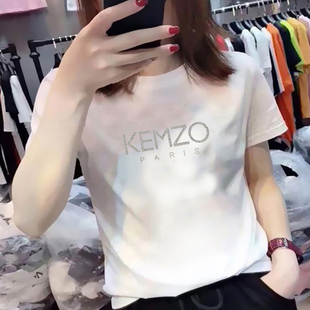 韩国纯棉镶钻字母短袖T恤女2024夏季时尚洋气圆领体恤上衣潮