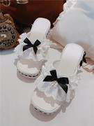 原创设计甜美蕾丝花边一字，坡跟外穿凉拖白色，仙女蝴蝶结气质lo鞋
