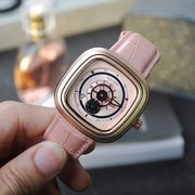 GUOU女表玫瑰金时尚个性独特秒盘皮表带日历方形复古潮流女士手表