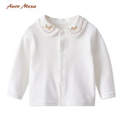 auromesa春秋婴儿白色长袖，衬衫刺绣翻领，女宝纯棉打底上衣百搭衬衣