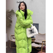 绿色棉服女中长款冬季外套，韩版加厚过膝学生棉衣潮流洋气