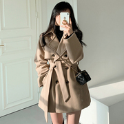 韩国chic秋冬法式气质西装，领系带收腰显瘦长袖小个子呢子大衣外套