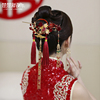 新娘中式红色绒花新中式，结婚头饰旗袍礼服，敬酒服配饰品后盘发造型