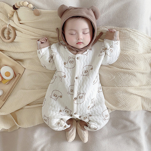 0-3-6-12个月新生婴儿连体衣，秋冬夹棉保暖哈衣初生，宝宝睡衣服冬季