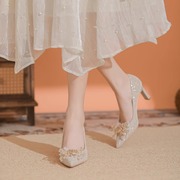 香槟色婚鞋新娘鞋秀禾婚纱，两穿粗跟尖头，高跟鞋女2024浅口单鞋