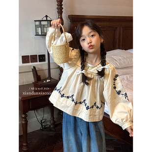 韩国春装女童泡泡袖纯棉衬衫儿童，宽松款米白色，森系娃娃衫长袖上衣