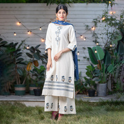 印度进口棉麻旁遮比女装三件套 7分袖中长款印花2024款春夏款透气