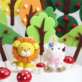 树小动物布艺毛毡生日蛋糕装饰摆件网红森系狮子座配件森林插旗