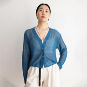 JENUNIQUE亚麻棉法式v领长袖镂空罩衫宽松夏季蓝色针织开衫薄款女