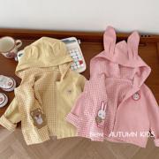 儿童双面外套0-3岁秋季韩国童装男女宝宝小熊连帽外套格子上衣潮
