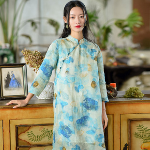 新中式复古棉麻女装2024春季苎麻连衣裙女小个子改良旗袍