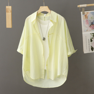 夏季黄色轻薄透气纯棉短袖衬衫，女外套夏天防晒衣纯棉外搭衬衣上衣