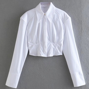 欧美风短款长袖白色衬衫，露腰高腰微收腰拼线条拼接休闲女衬衣