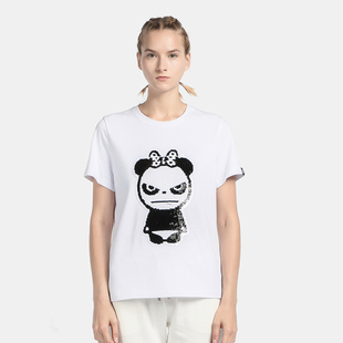 Hipanda你好熊猫女款经典熊猫珠片短袖T恤设计潮牌国潮