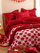 简约新婚庆床品红色四件套100s纯棉立体花朵刺绣结婚被套床单床笠