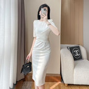 包臀白色圆领连衣裙夏季气质通勤OL裙女短袖修身中长款一步裙