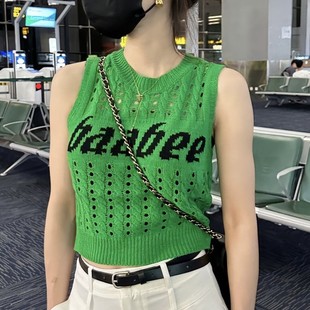 多巴胺穿搭辣妹绿色字母镂空针织上衣无袖背心短袖T恤女2023