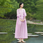 淡紫色仙气苎麻风琴褶连衣裙 知笔墨2023年轻薄长袖减龄旅行长裙
